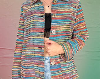 Vintage 90er Jahre schrullige Regenbogen Streifen Jacke mit Kragen