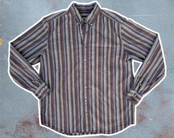 Vintage 90's "Eddie Bauer" Muted Toned Striped Long Sleeve Button Up Shirt Size L Tall