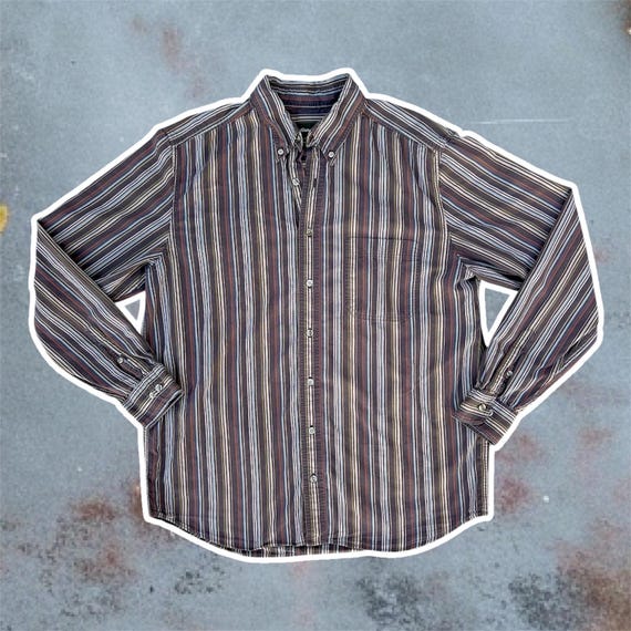 Vintage 90's "Eddie Bauer" Muted Toned Striped Long Sleeve Button Up Shirt Size L Tall