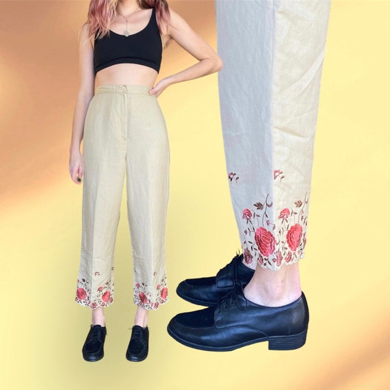 Vintage Beige Linen Floral Embroidered Trousers - image 1