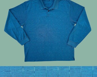 Polo vintage anni '90 con colletto a maniche lunghe e motivo a griglia blu, taglia L