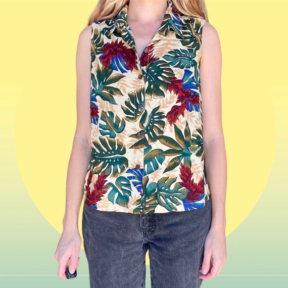 Vintage 90’s Foliage Hawaiian Sleevless Button Up… - image 2
