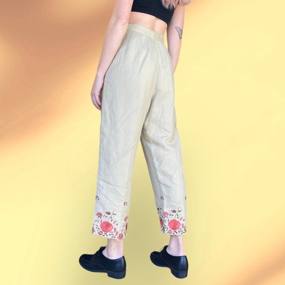 Vintage Beige Linen Floral Embroidered Trousers - image 3