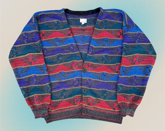 Vintage 90's Reworked Knit Cardigan Front Button Abstract Sweater Size S / M