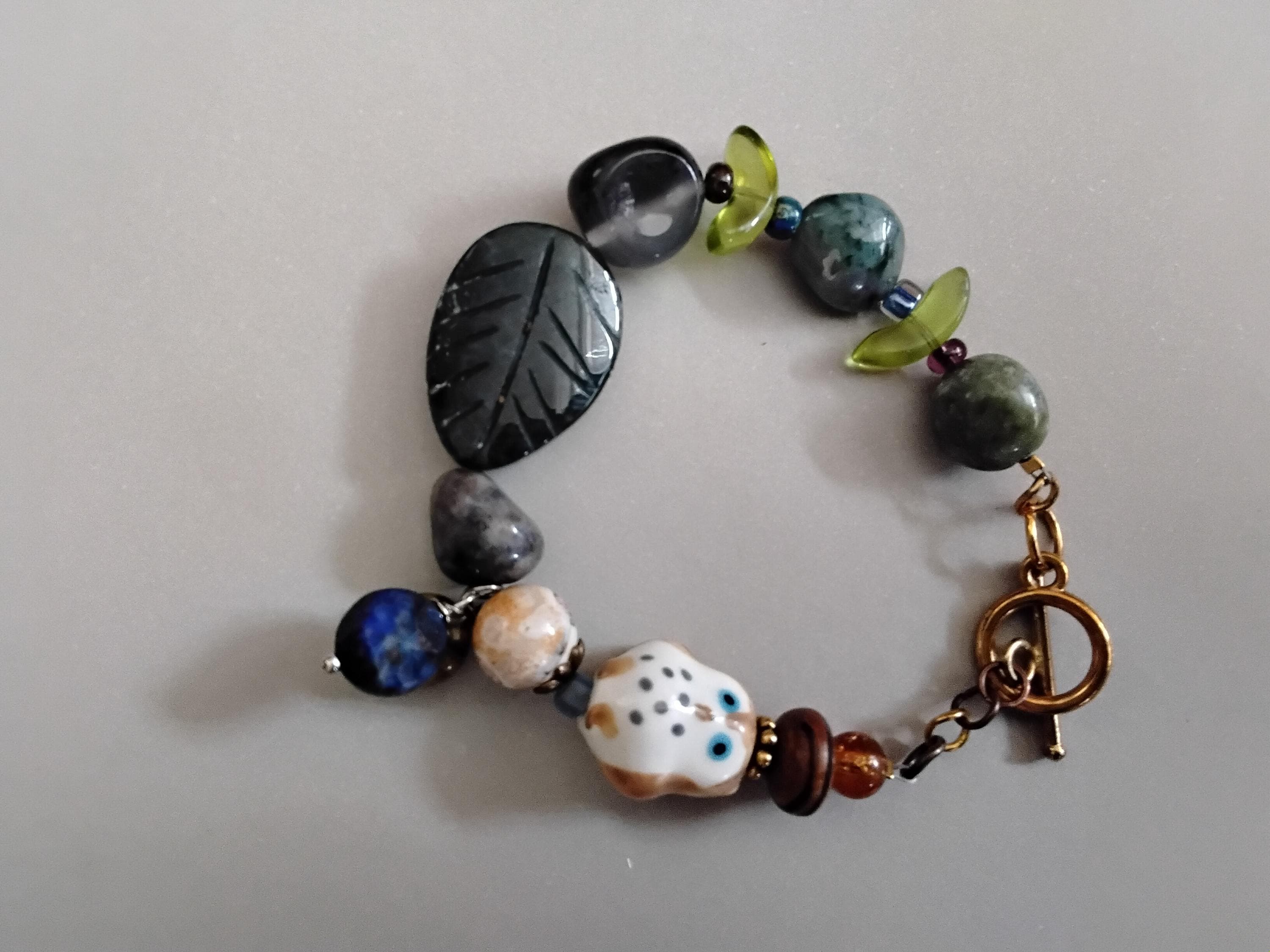 Handcrafted Ceramic Owl with African Green Opal Nuggets Carved Green Aventurine Leaf and Gold Toggle