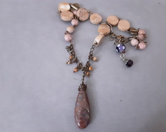 Handmade Wire Wrapped Links of Jasper and Rhodonite with Impression Jasper Pendant and Picture Jasper Dangles Necklace