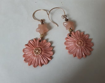 Handcrafted Enameled Pink Flowers with Rose Quartz Stars and Gold Earwires