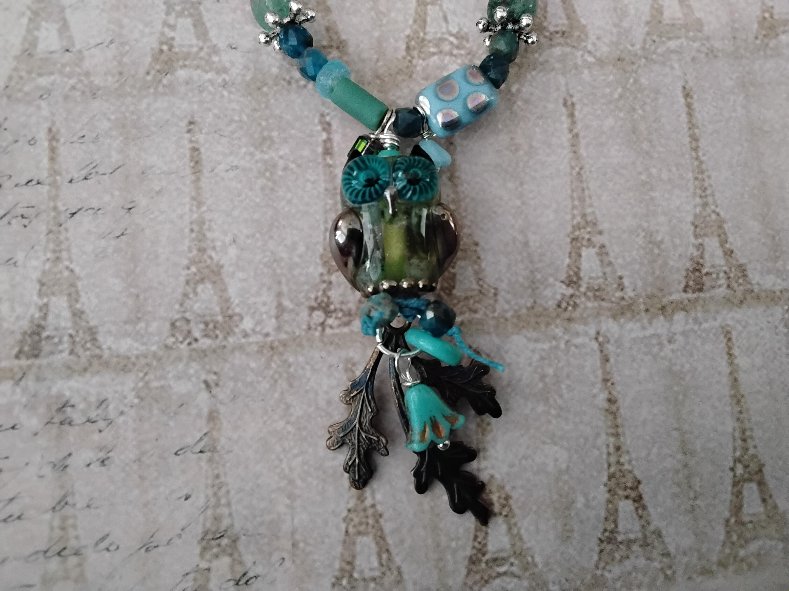 Handcrafted Lampworked Owl Pendant with Blue Green Quartz Apatite and Czech Glass Turquoise Chain wi