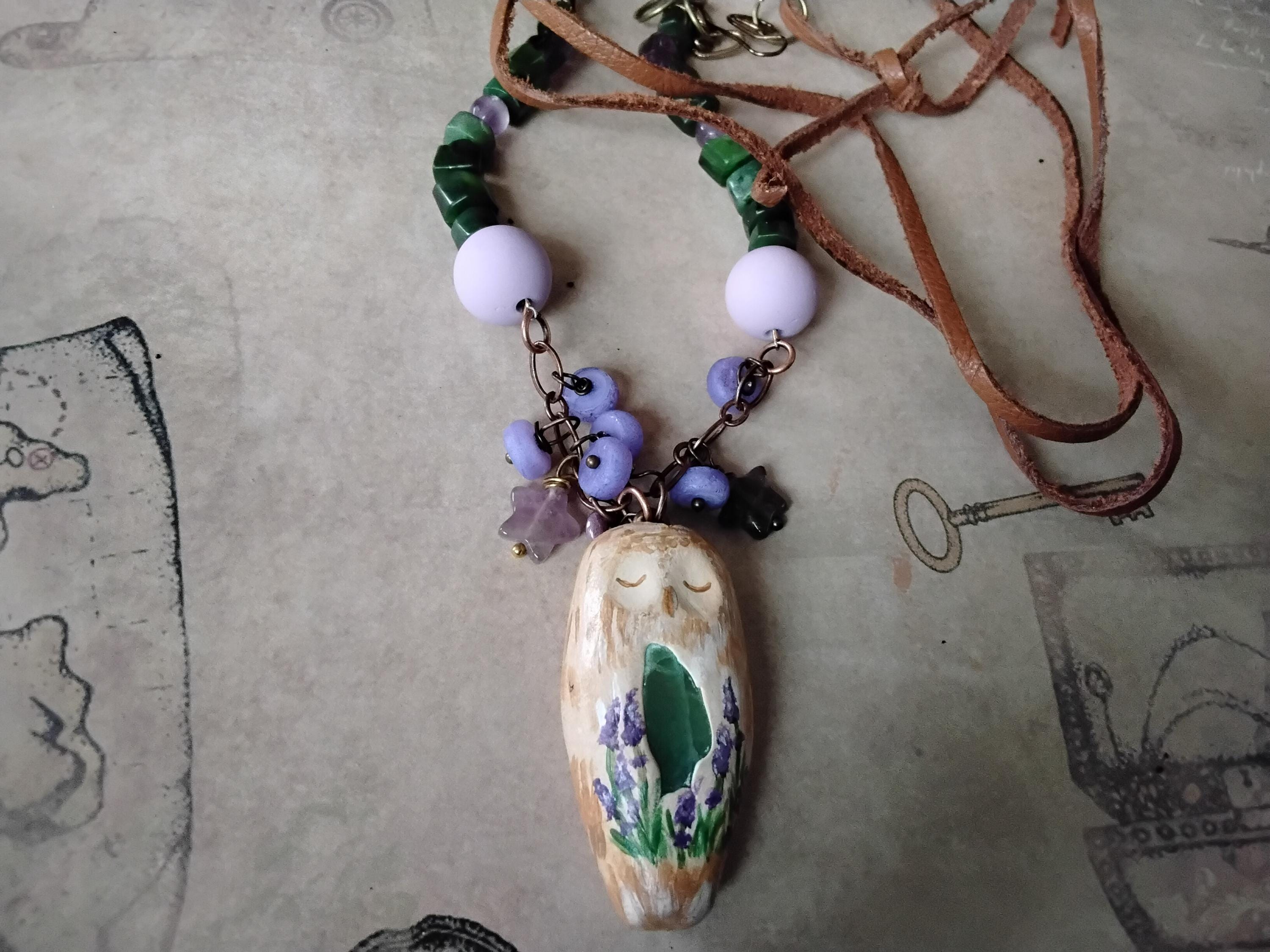 Handcrafted Polymer Clay Sleepy Owl with Canadian Jade Amethyst and Czech Glass with Leather lace an