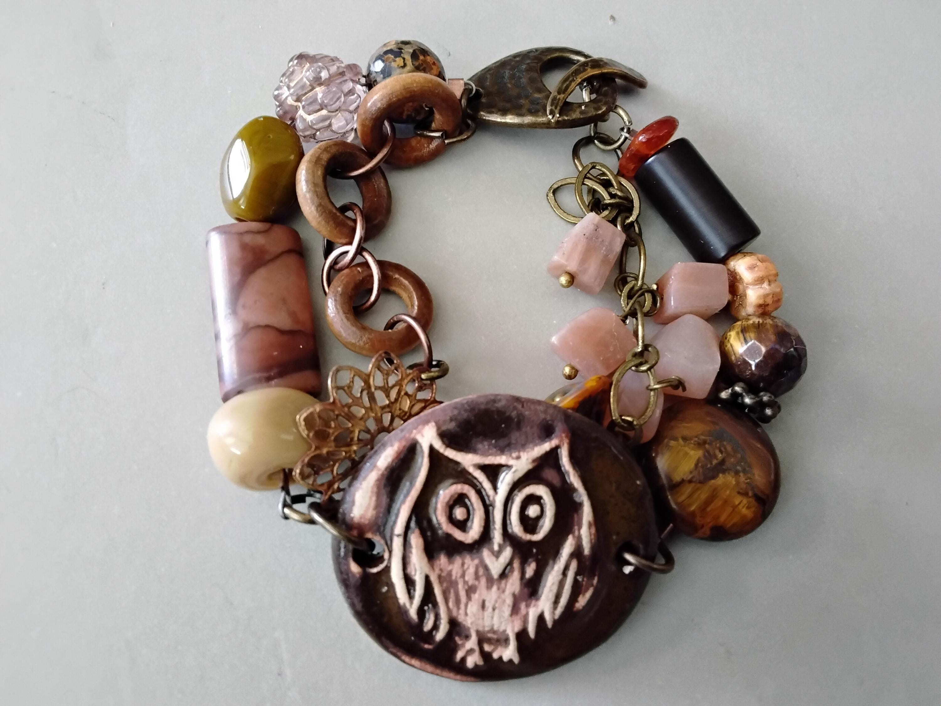 Handcrafted Ceramic Owl Focal with Tiger Eye Peach Moonstone Wood Rings and Brass Chain and Toggle
