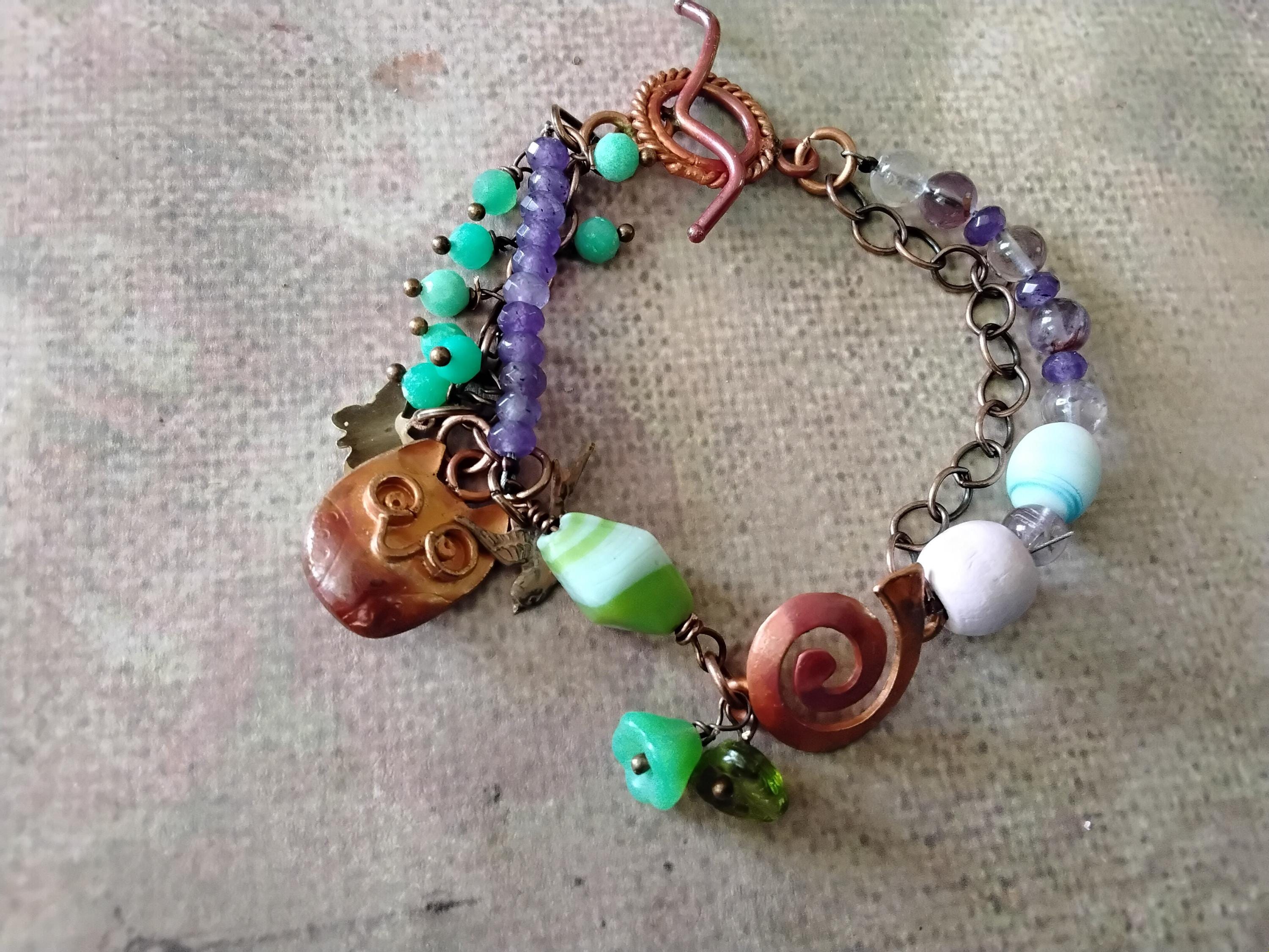 Handcrafted Copper Owl Charm and Swirl Link with Chrysoprase Purple Agates Purple Quartz and Copper 