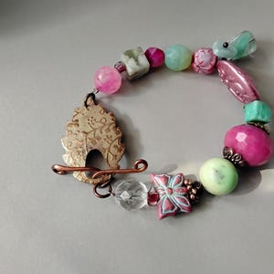 Gemstone Boho Bracelet with Czech Glass Bee Ruby Agate Chrysoprase Lemon Chrysoprase and Embossed Brass Toggle