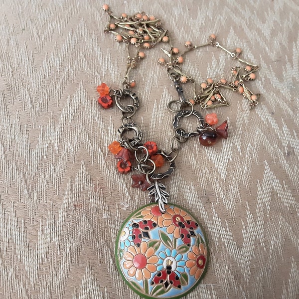 Handcrafted Ceramic Focal of Sunflowers and Ladybugs in Orange and Red with Brass Links and Brass Sunflower Chain