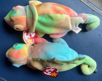 vintage Ty, vintage plushie, chameleon plushie, lizards, Iggy, Rainbow, pair