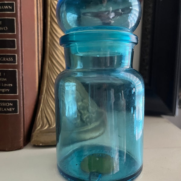 vintage blue glass, blue glass bottle, blue glass jar, vintage blue jar, Max Factor