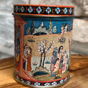 vintage small tin, Rajasthani, tin with soaps, Ben Rickert design, reproduction art tin