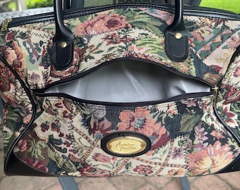 tapestry bag, vintage American Tourister, weekend bag, floral tapestry travel bag