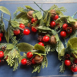 May include: A collection of six artificial floral picks featuring green plastic pine needles and leaves, small brown pinecones, whole walnuts, and clusters of bright red berries. Each decorative spray is attached to a thin green wire stem.