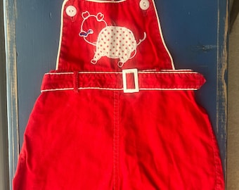 vintage baby clothing, baby sun suit, red sun suit
