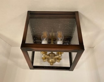 Plateau four lights ceiling lamp. Seedy glass. Antique copper. Handmade in USA.LED