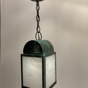 Concord pendent. Patina green finish. Solid copper hanging lamp with down light handmade in USA. Lighting fixture, For damp or dry location.