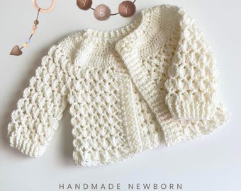 Handmade Crochet White Baby Cardigan: Newborn to 6 Months
