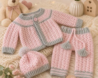 Handmade Crochet Baby Girl Outfit, Pink & Gray Newborn Sweater Pants and Hat Set, 0-3 Months