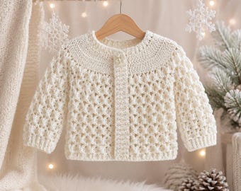 Handmade White Crochet Baby Cardigan, Newborn 0-3 Months Infant Sweater, Heirloom Baby Jacket