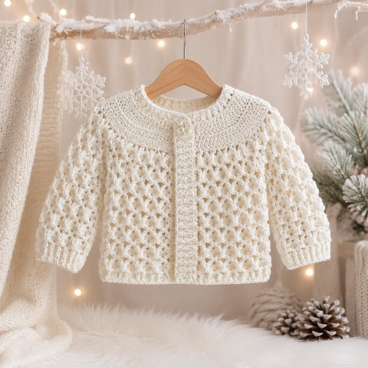 Handmade White Crochet Baby Cardigan, Newborn 0-3 Months Infant Sweater, Heirloom Baby Jacket