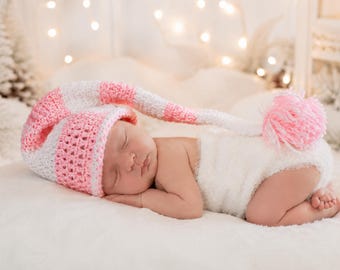 Long Tail Santa Elf Hat Crochet Pattern, Newborn and 3-6 Month PDF