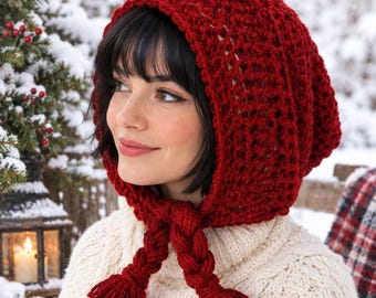 Red Riding Hood Crochet Pattern, Adult Slouchy Winter Hood with Braided Tassels