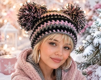 Adult Striped Pom Pom Crochet Hat Pattern, Double Pom Beanie PDF, Women's Winter Hat Pattern