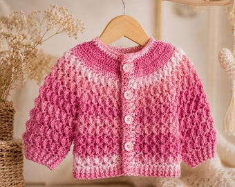 Handmade Crochet Baby Girl Cardigan, Pink Ombre 0-3 Months Newborn Baby Sweater, Baby Shower Gift