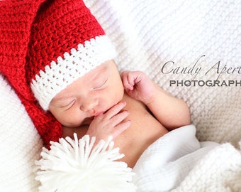 Newborn and 3-6 month patterns included, Santa's Little Helper Long tail pom pom Christmas elf hat digital PDF Pattern