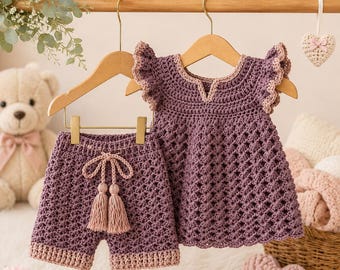 Handmade Lavender Ombre Crochet Baby Dress & Diaper Cover Set, Newborn-6 MOnths, Rayon Bamboo