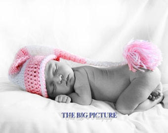 Newborn and 3-6 month patterns included, Santa's Little Helper Long tail pom pom Christmas elf hat digital PDF Pattern