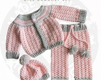 Crochet Pink with Grey Sweater and Pants with Hat Set: Newborn Baby Girl, Polyester Acrylic