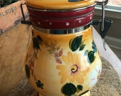 Large Canister - Sunset Bouquet by Oneida with Hinged Locking Lid - Vintage Kitchenware - Cheery Yellow Floral