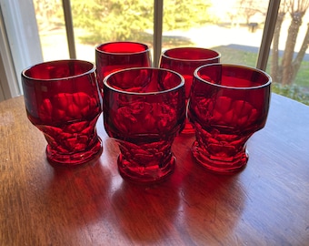 Vintage Red Juice Glasses, Georgian Ruby Viking, Gorgeous Red Color w/Honeycomb Design, Set of Five
