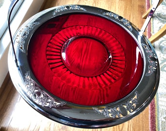 RARE Ruby Red Serving Plate in Metal Holder, Amber Handle, Stunning Serving Piece