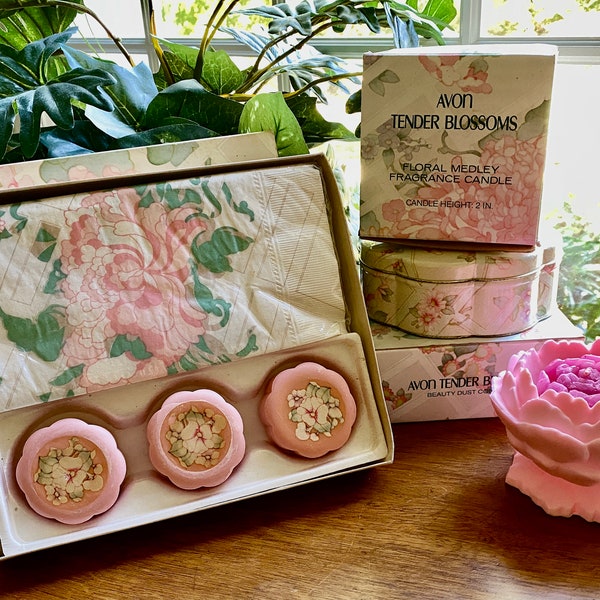 Vintage Avon Tender Blossoms Gift Set, Includes Beauty Dust Container, Scented Candle, Guest Towels, Soaps All in Original Boxes!