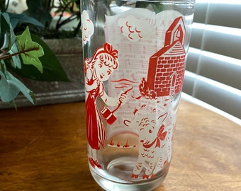 Vintage Mary Had a Little Lamb Glass, Mid Century Nursery Rhyme Tumbler, Song Lyrics with Musical Notes on Back