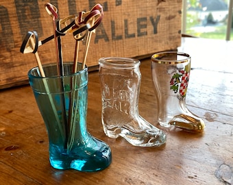 BOOT SHOTS at the BAR!  Set of 3 Jigger Shot Glasses, Each 1.5 oz. Jim Beam Western Boot, Traben-Trarbach, Naples, Fun Addition to your Bar