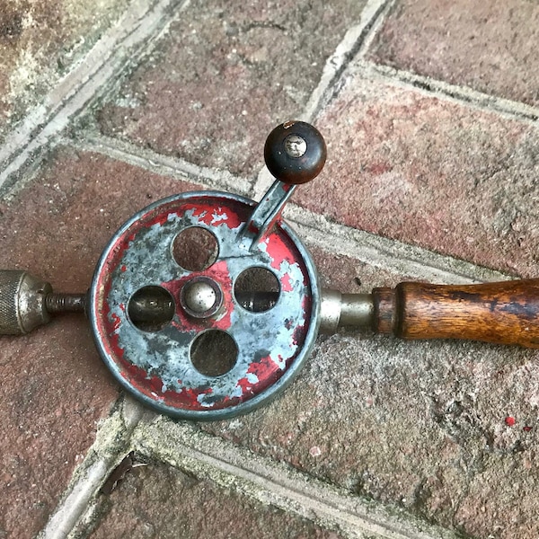 Vintage Hand Drill, Rustic Red Painted Wheel - Nice Patina on Wooden Handle, Made in U.S.A., Neat Vintage Tool