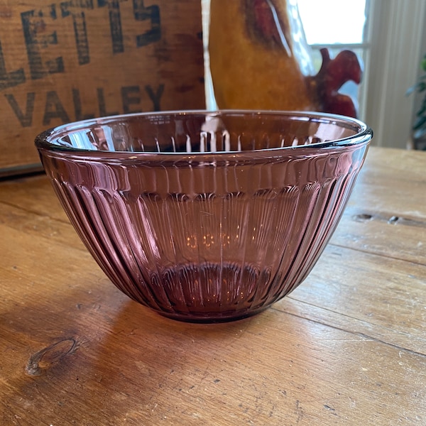 PYREX Cranberry Mixing Bowl, 5 5/8" Round Ribbed Bowl Size 7401-S, 3 Cup/750mL, Good Vintage Color