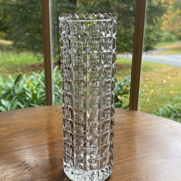 Vintage Cylinder Vase, Geometric Patterned Pressed Glass, 7" Tall x 2" Wide, Tall, Skinny.. Perfect for a few Stems