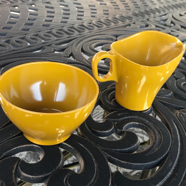 Vintage Boontonware Creamer & Open Sugar Bowl 1950s Plastic Melamine Somerset in Mustard Yellow #6521-01/#6521-02  Picnic Outdoor Fun Pieces