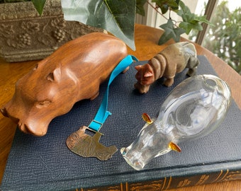 Fun Hippo Collection, 4 Pieces Total, Hand Carved Wooden, Glass, Stone, Museum of Modern Art Bookmark, For the Hippo Lover!