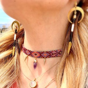 Violet Flame Thread Choker with Amethyst – Handwoven Beaded Necklace, Spiritual Jewelry, Chakra Healing, Boho Statement Choker