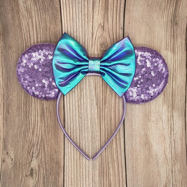 Lavender sequin mouse ears with color-change blue satin bow, 3.5" ears, Mouse Ears in bulk